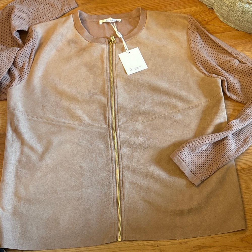 Sioni Beige Bomber Jacket with Mesh Sleeves - Picture 1 of 3